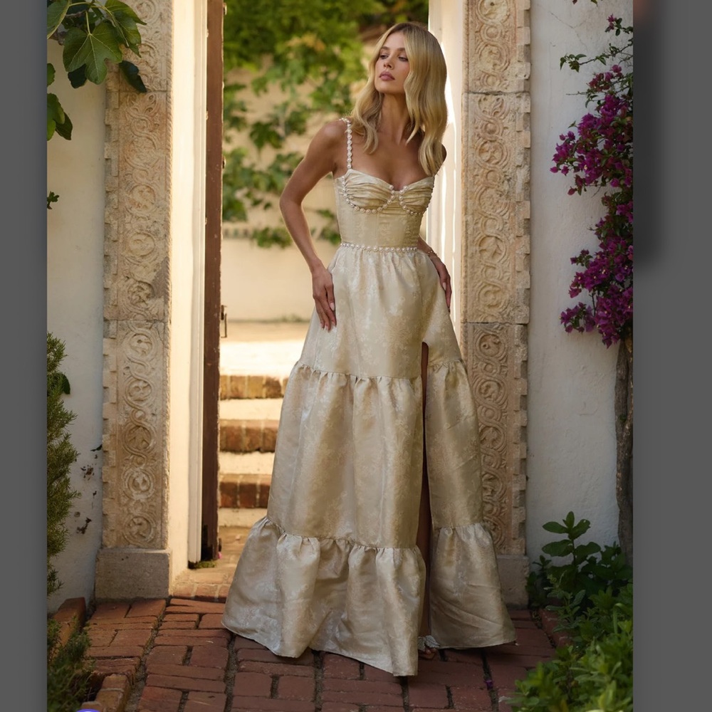 SIZE 4 V. Chapman The Lucetta Dress in Taupe Windsor Brocade